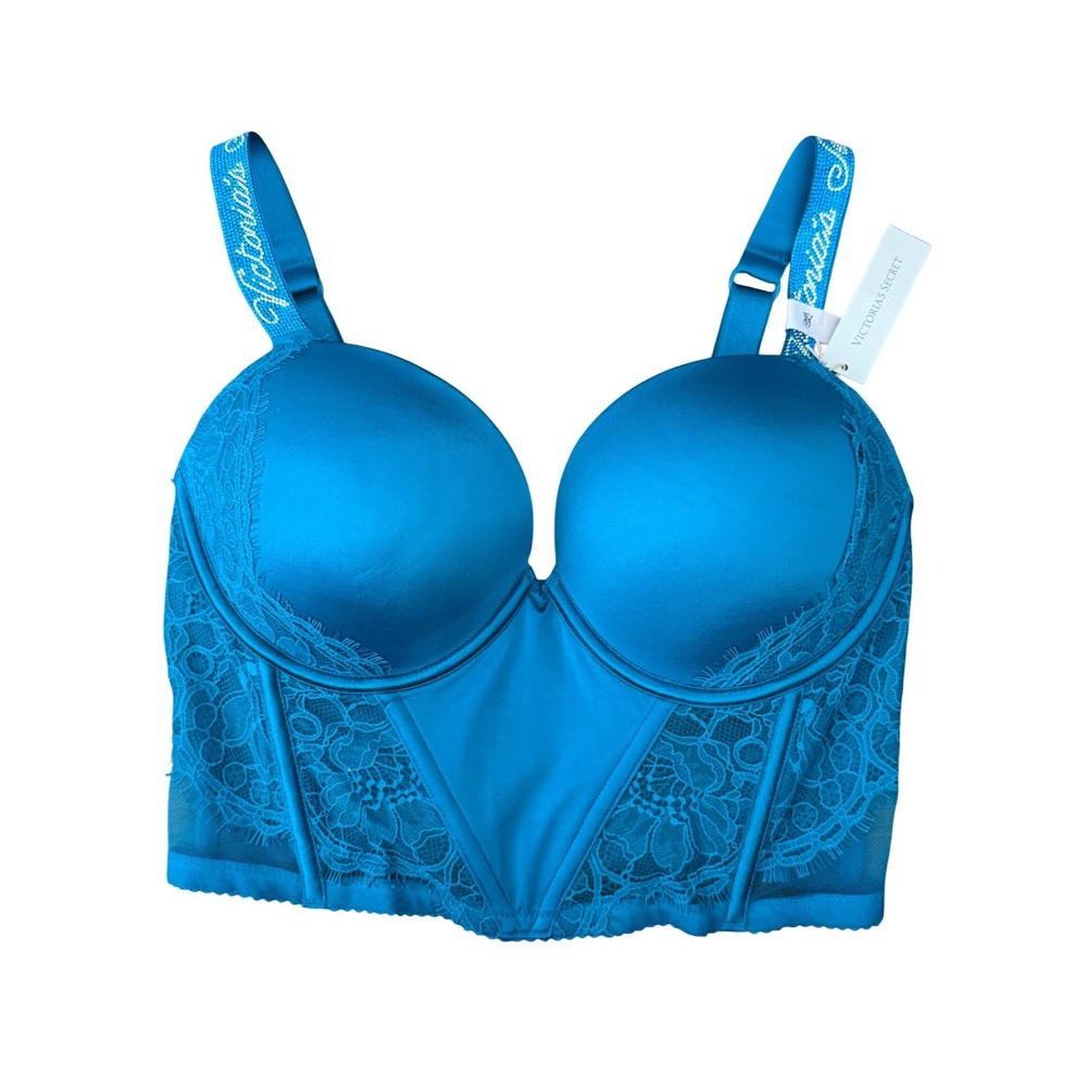 Victorias Secret Very Sexy Shine Strap Push-Up Longline Bra 32DD Teal Blue New